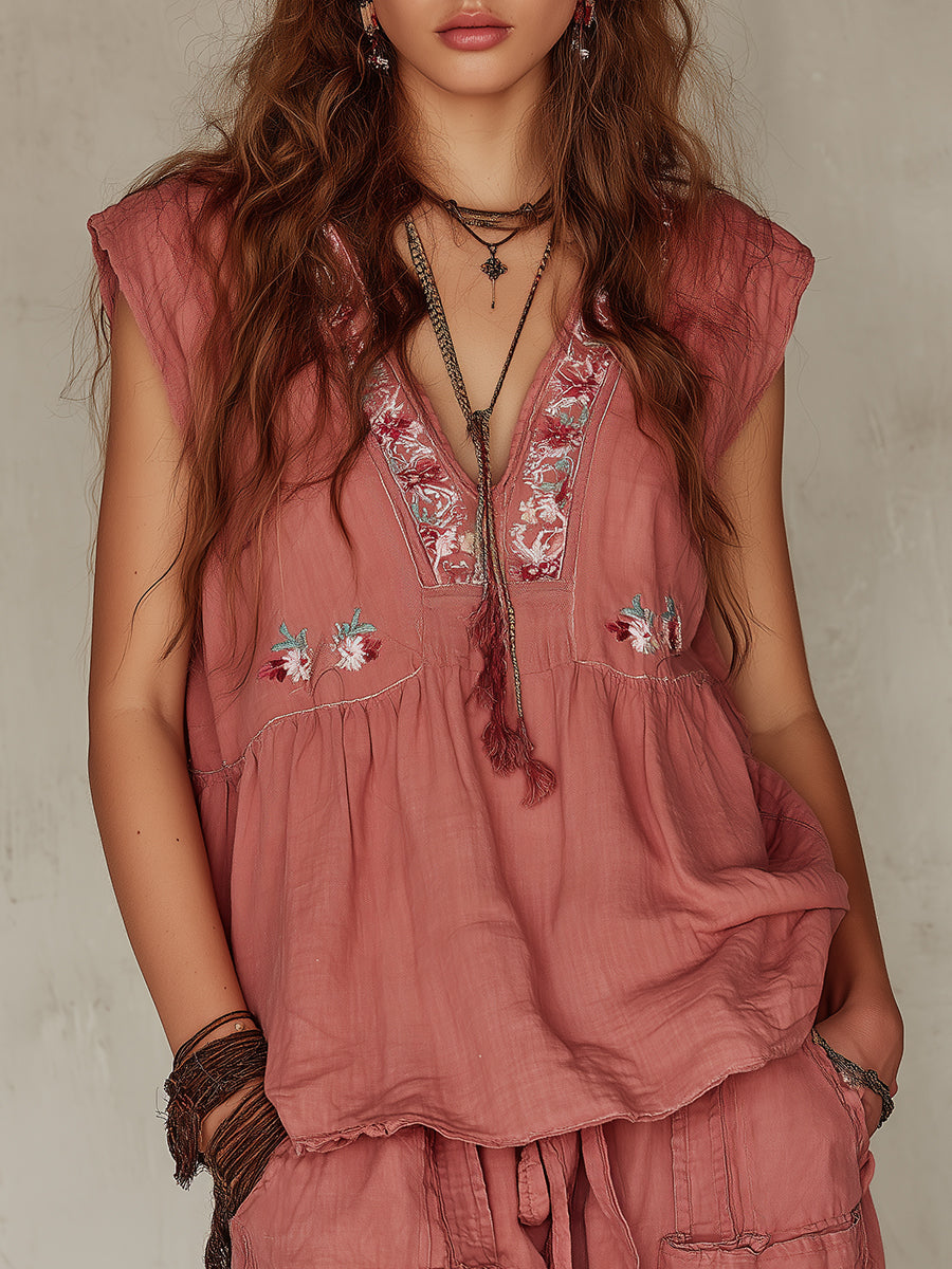 Bohemian Embroidered Loose Sleeveless Blouse