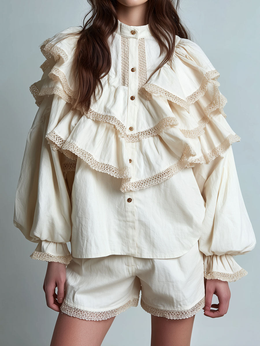 Victorian Ivory Ruffled Lace-Trim Blouse & Shorts Two-Piece Set