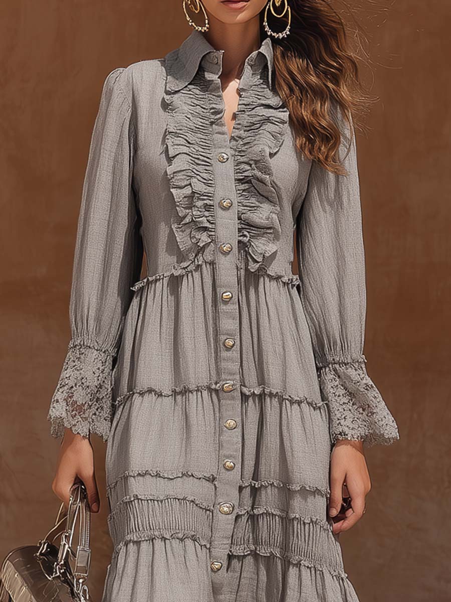 Retro-style Ruffled Lace Cuff Cotton Linen Midi Dress