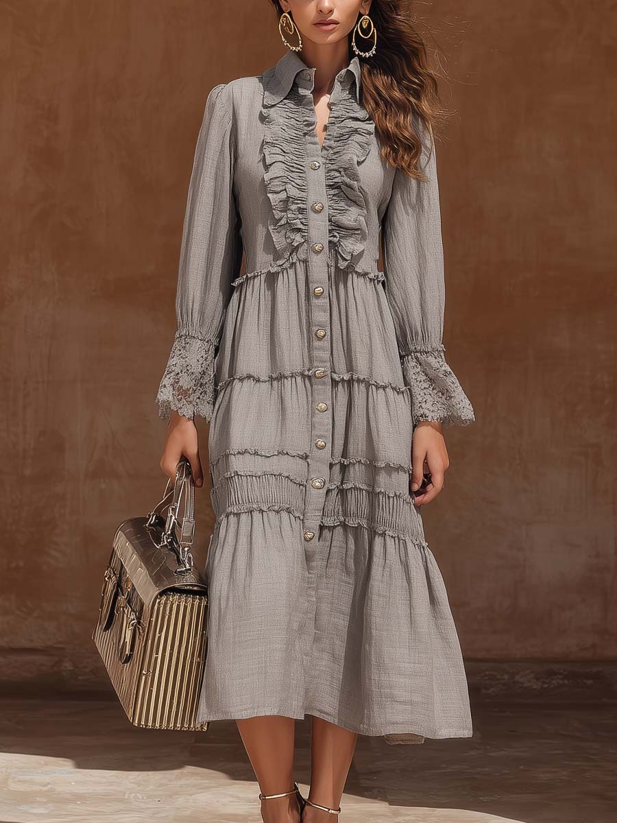 Retro-style Ruffled Lace Cuff Cotton Linen Midi Dress