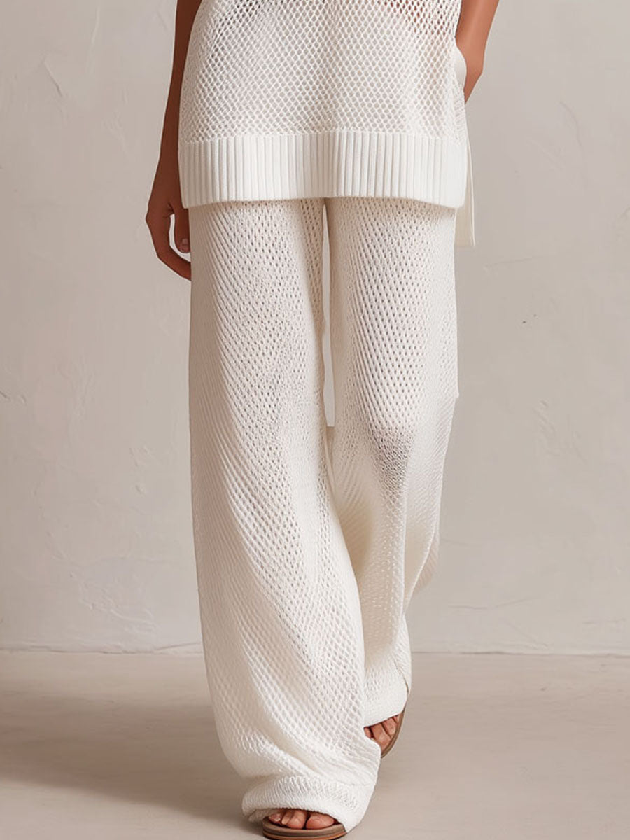 Quiet Luxury Ivory Knit Sleeveless Top & Wide-Leg Pants Two-Piece Set