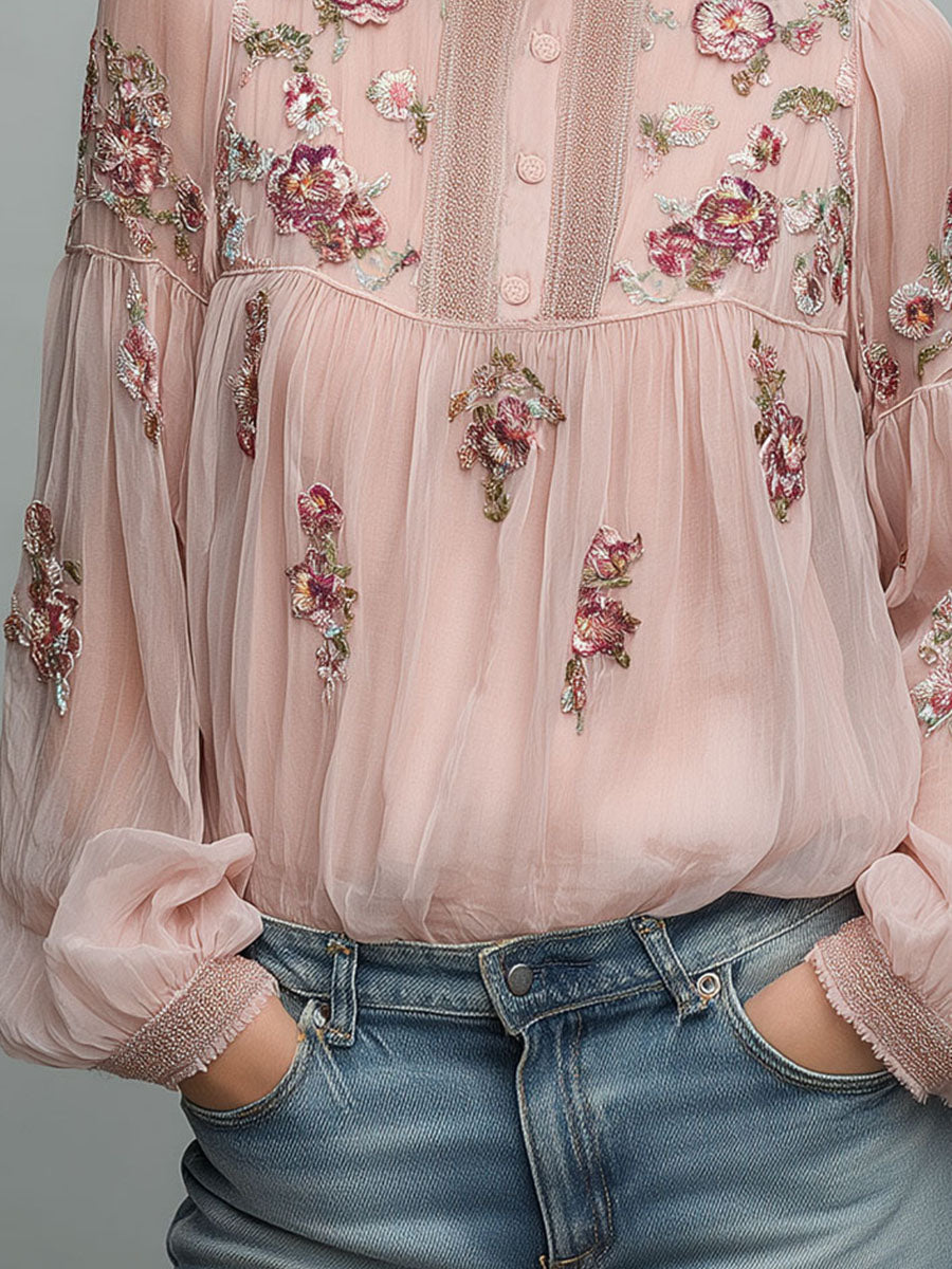 High Neck Blush Pink Embroidered Chiffon Blouse