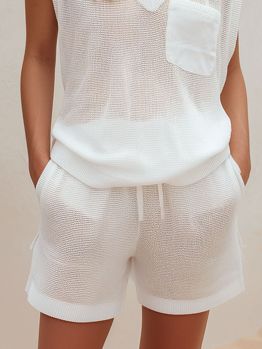 Quiet Luxury Ivory Knit Sleeveless V-Neck Top & Drawstring Shorts Set