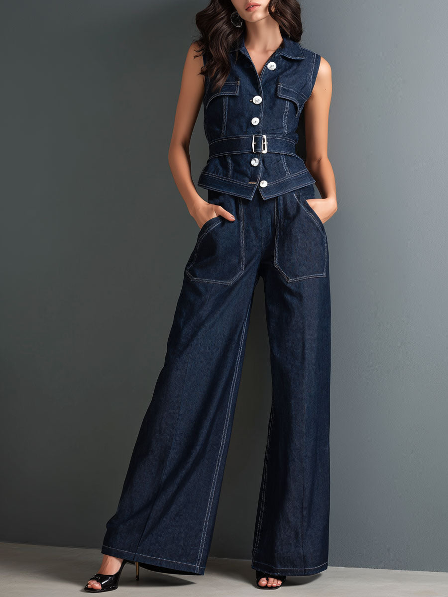 Retro Dark Denim Belted Vest & Wide-Leg Trousers Two-Piece Set