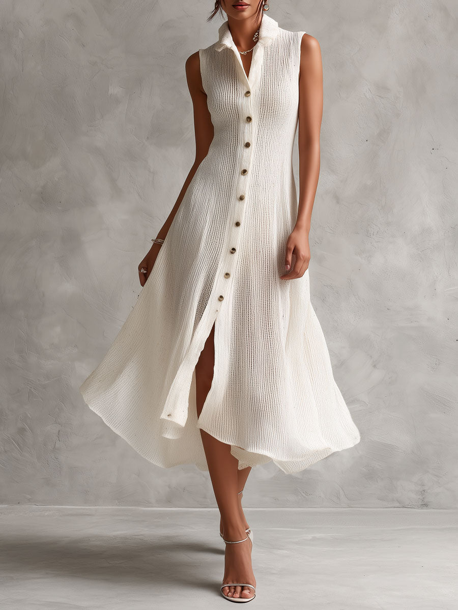 Quiet Luxury Ivory Mesh Knit Sleeveless Midi Dress With Flared Hem