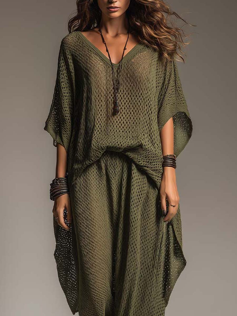 Bohemian Open-Knit Batwing Top & Wide-Leg Pants Set
