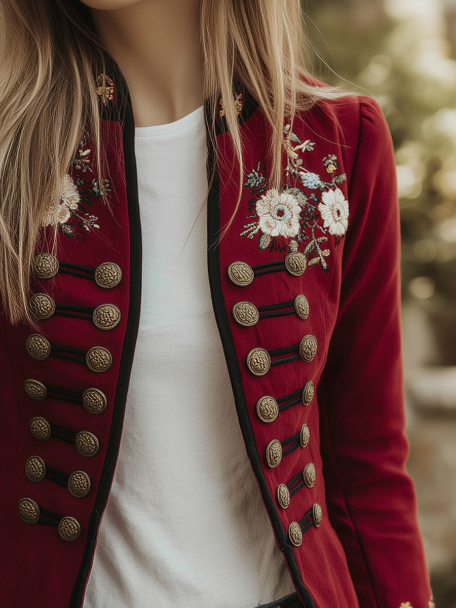 Vintage Stand Collar Floral Embroidered Jacket