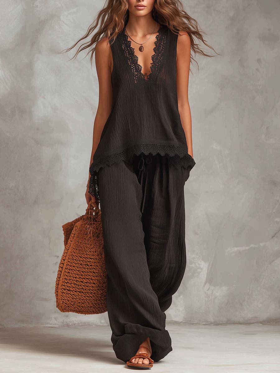 Vintage Textured Lace Trim Tank Top