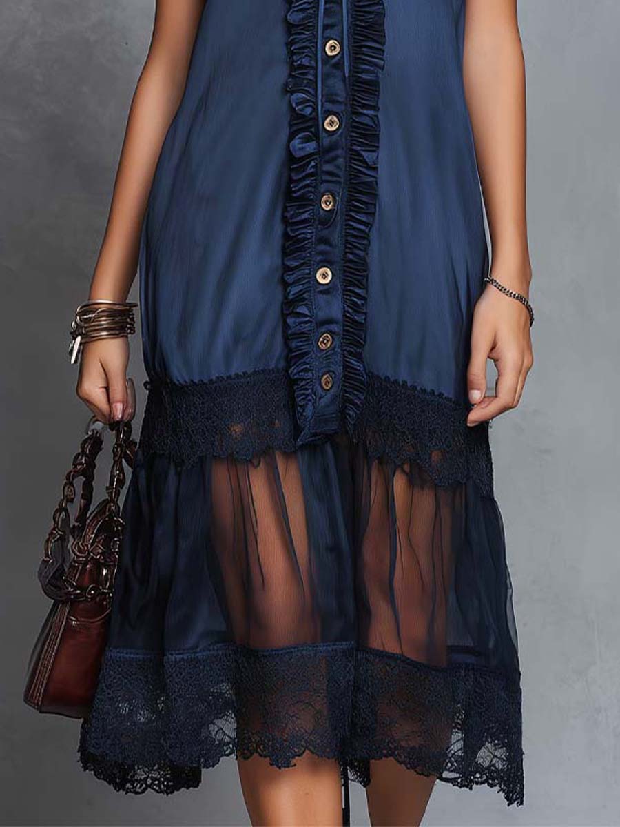 Elegant Satin-Panel Chiffon Lace Sleeveless Midi Dress