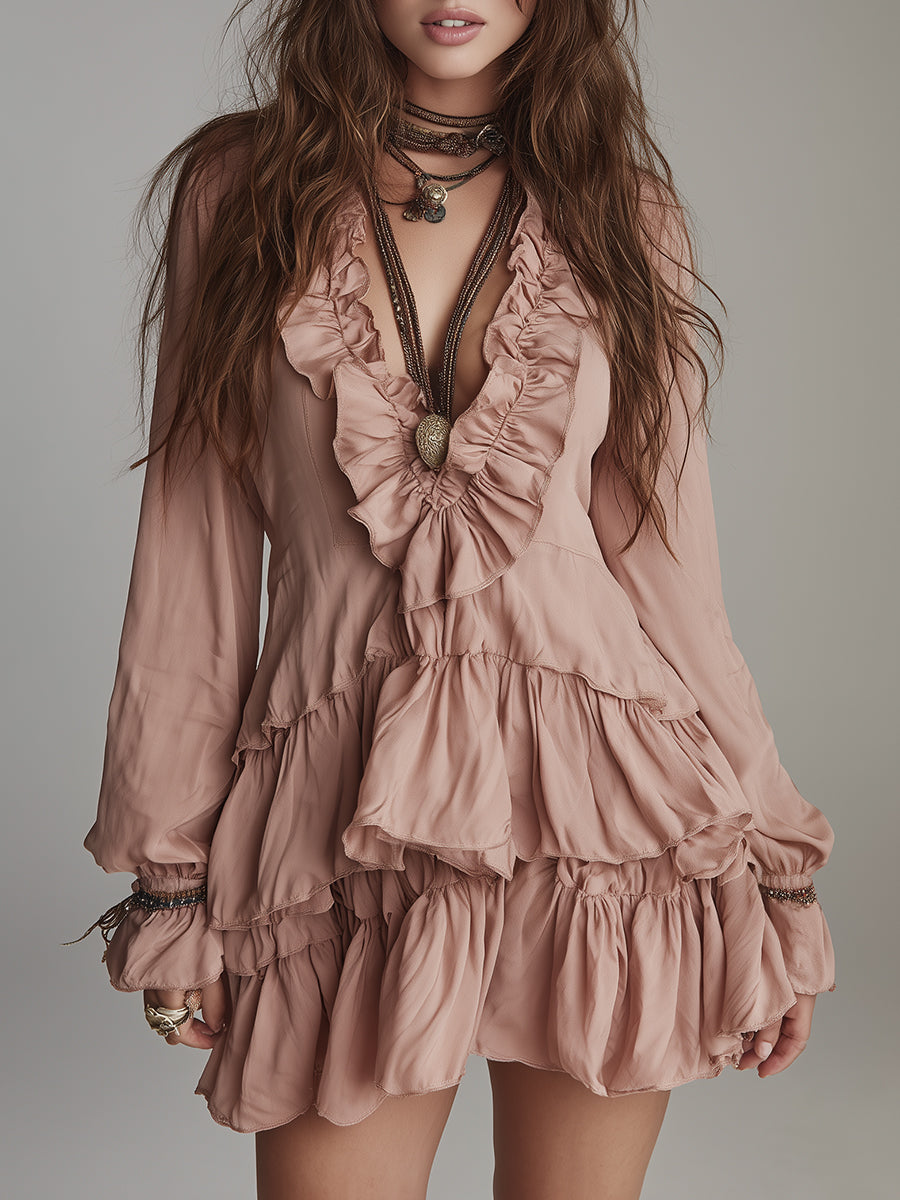 Bohemian Style Poplin Mini Dress With Ruffled Details