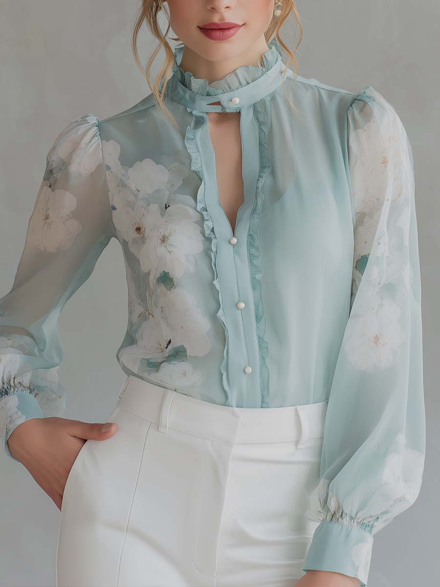Retro Ruffle Placket Floral Print Chiffon Blouse
