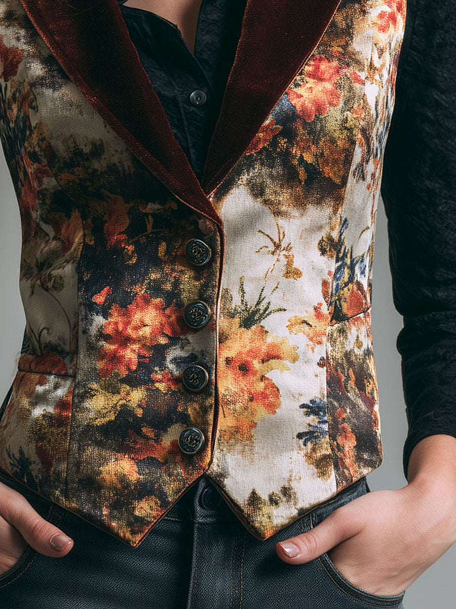 Vintage Burnt Orange Lapel Tapestry Print Velvet Vest