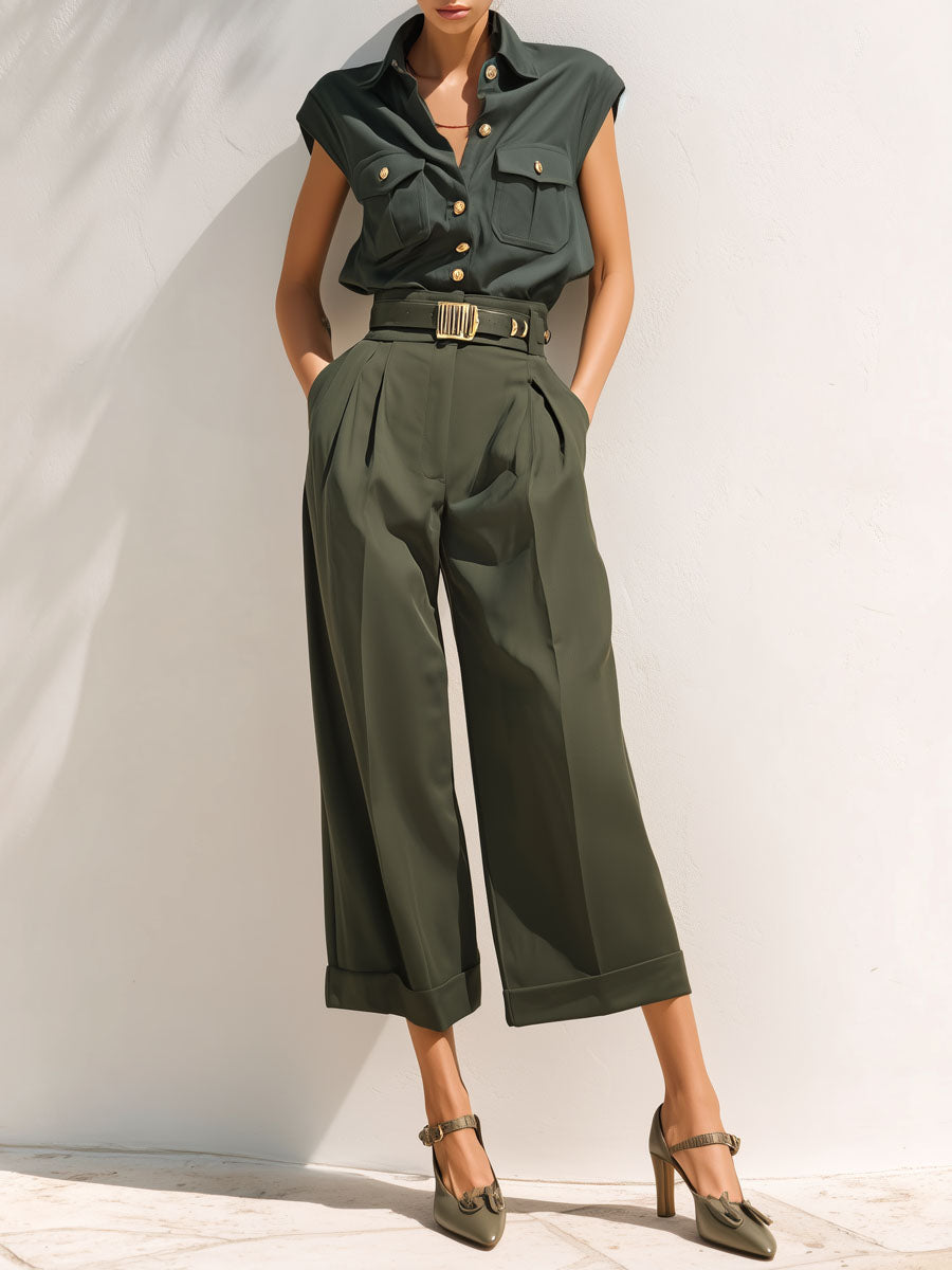 Retro Olive Wide-Leg Trousers & Short-Sleeve Shirt Utility Safari Set