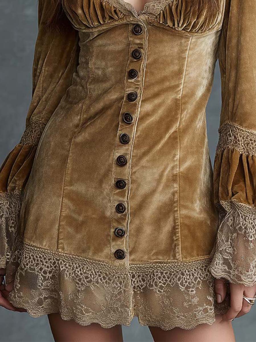 Vintage Velvet Lace-Trim Button Front Mini Dress