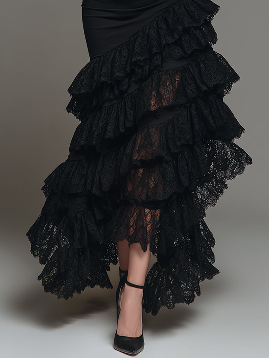 Elegant Multi-layered Ruffled Lace Long Skirt