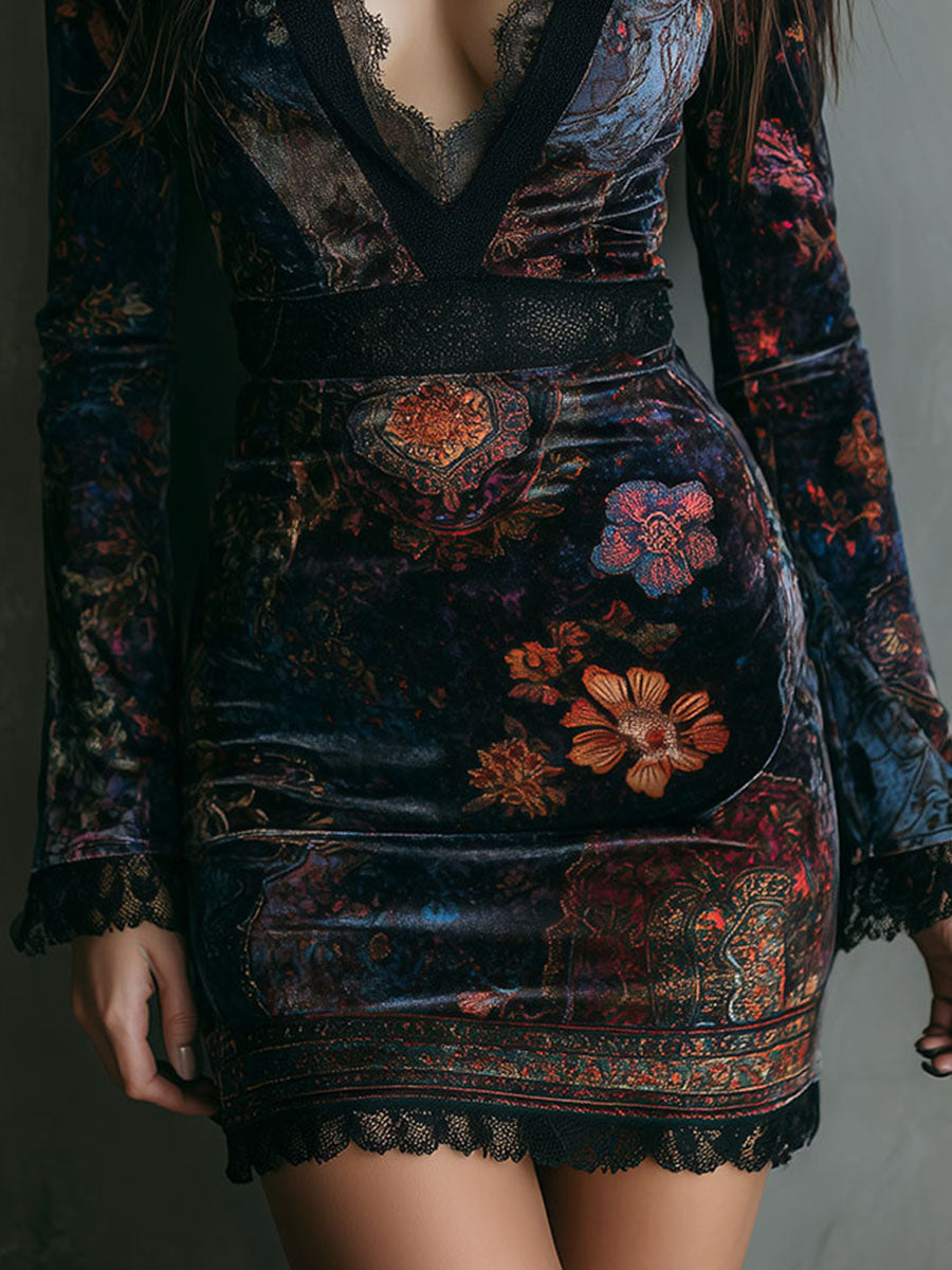Boho Floral Print V-Neck Velvet Bodycon Mini Dress With Lace Trim