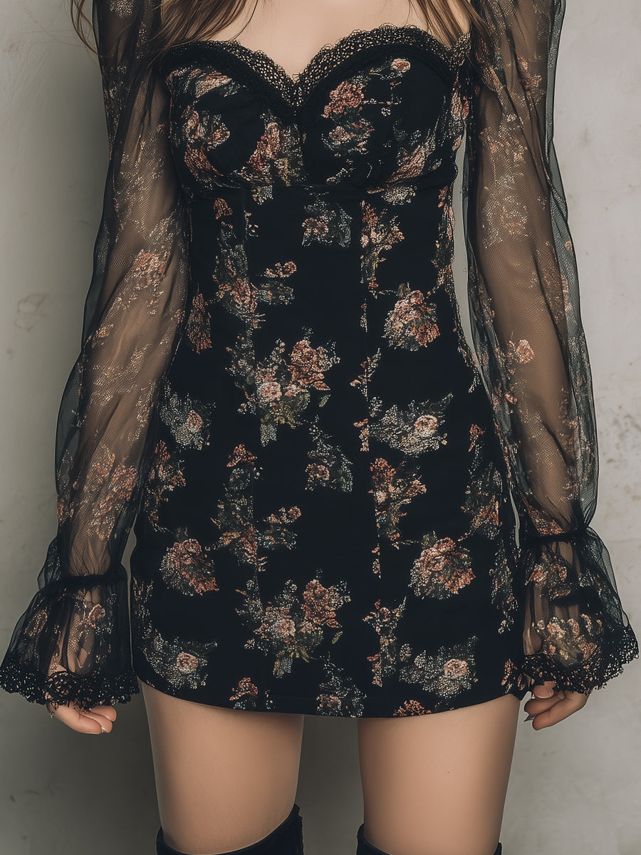 Elegant Printed Mesh Panel Mini Dress With Lace Trim