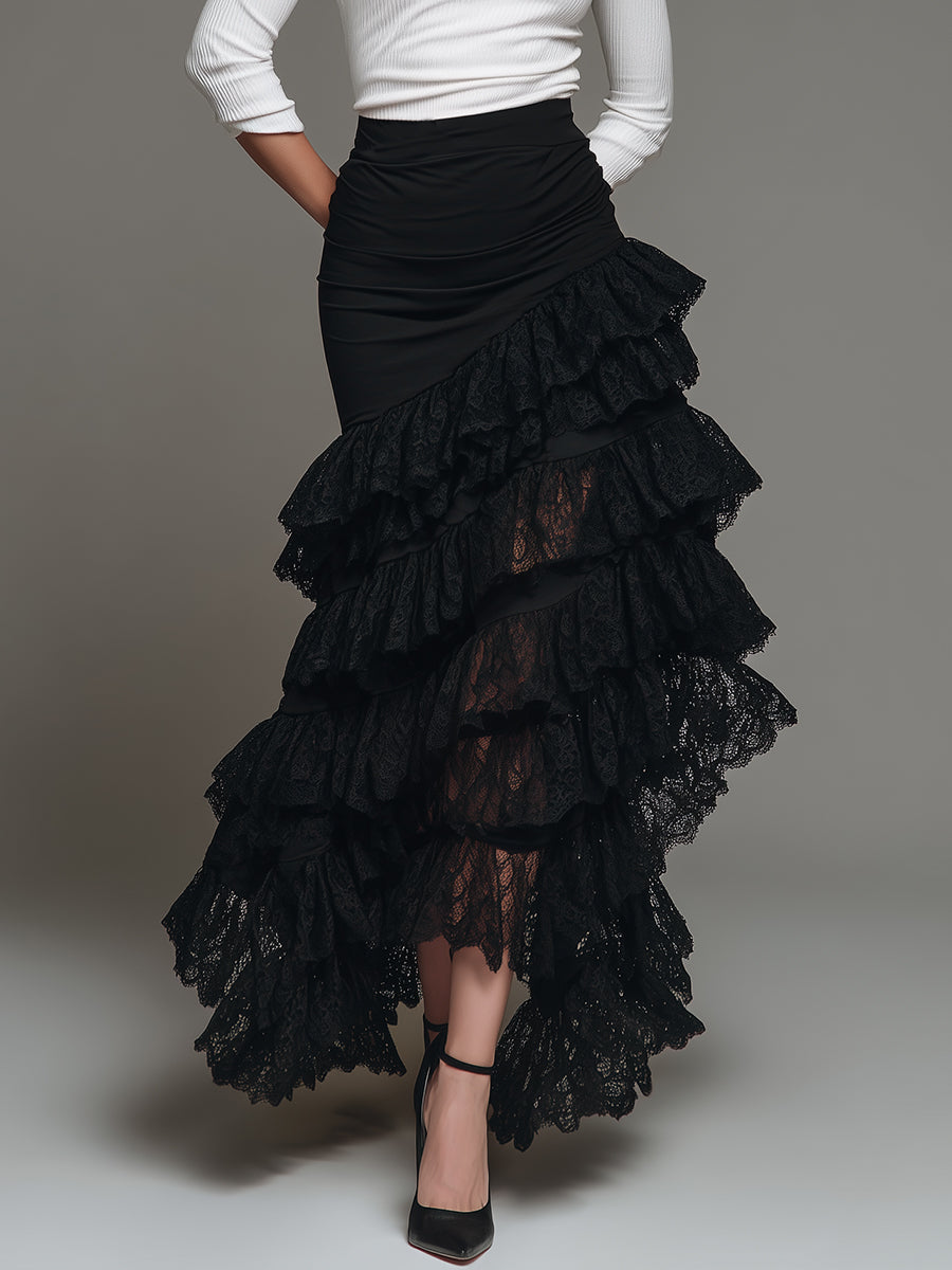Elegant Multi-layered Ruffled Lace Long Skirt