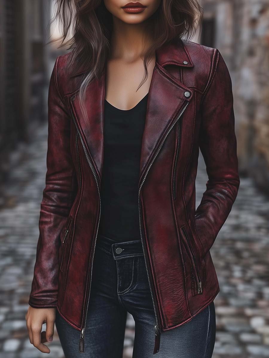 Women's Vintage Jacket Zipper Pocket Faux Leather Jacket